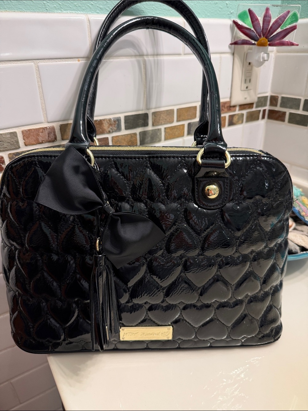 Betsey Johnson Black Patent Quilted Heart Satchel with Bow